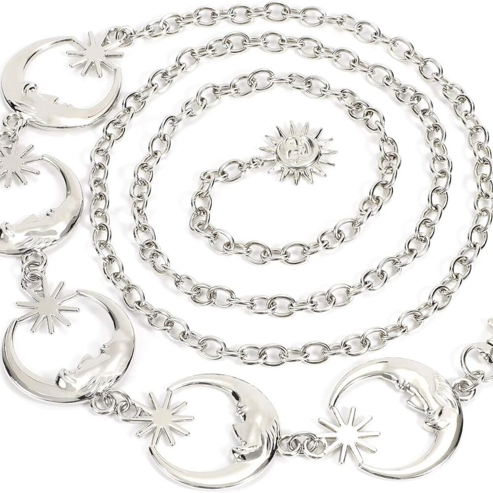Women's Silver Metal Link Moon Star Body Chain Belt Ladies Waist Chain Belt for